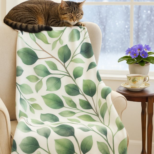 Classic Green Eucalyptus Leaves on White  Fleece Blanket (Cozy up with nature eucalyptus fleece blanket brings warmth and calm to snowy winter days.)