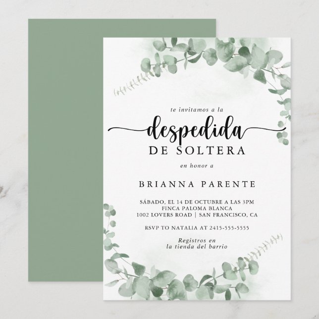 Classic Green Eucalyptus Spanish Bridal Shower  Invitation (Front/Back)
