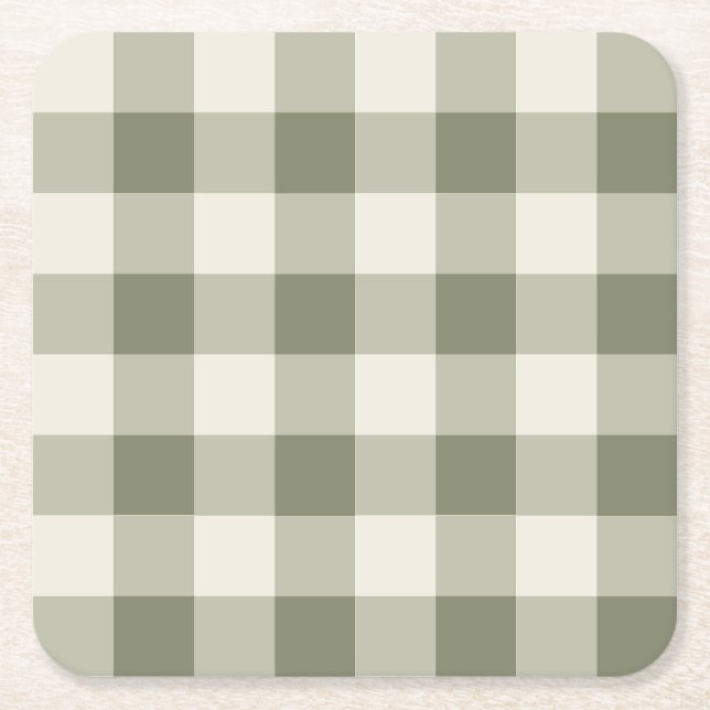 Classic Green Farmhouse Gingham Style Square Paper Coaster (Front)