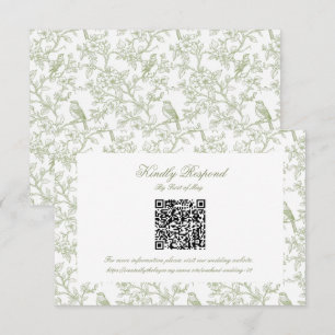 Classic Green Floral and Bird Toile QR code RSVP Card