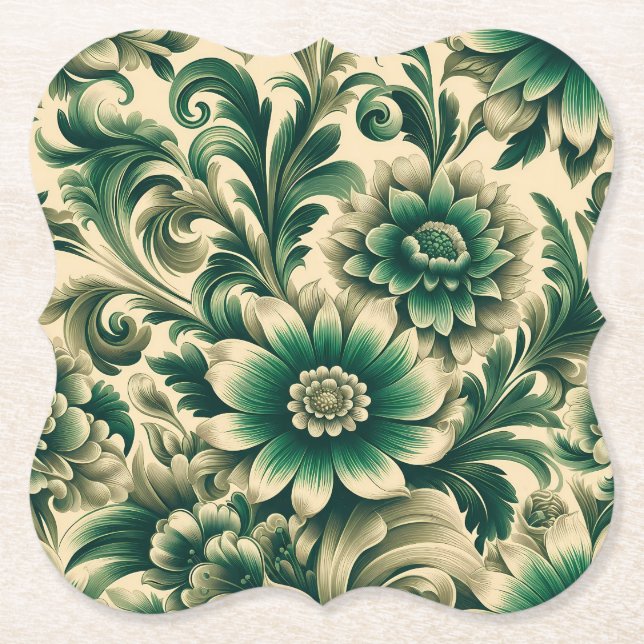 Classic Green Floral Paper Coasters – More Shapes (Front)