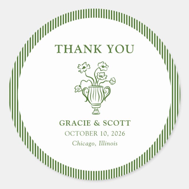 Classic Green Floral Stripe Wedding Thank You Round Sticker (Front)