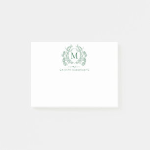 Classic Green Floral Vintage Crest Monogram Post-it Notes