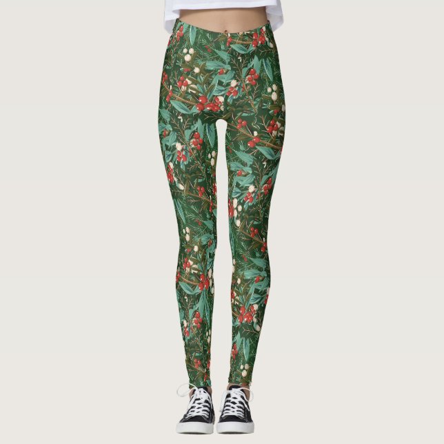 Classic Green Fun Botanical Holiday Christmas Leggings (Front)