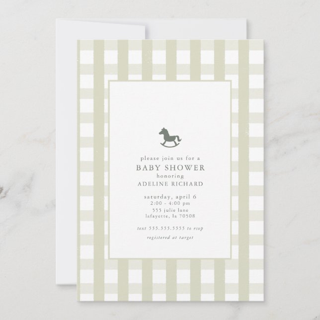 Classic Green Gingham Equestrian Baby Shower Invitation (Front)