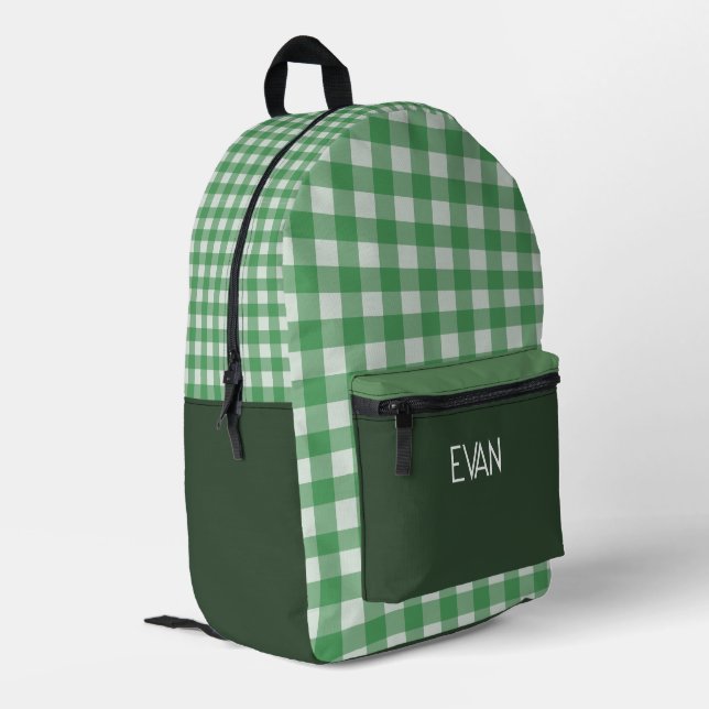 Classic green Gingham Pattern Personalised School Printed Backpack (Back Corner Left)