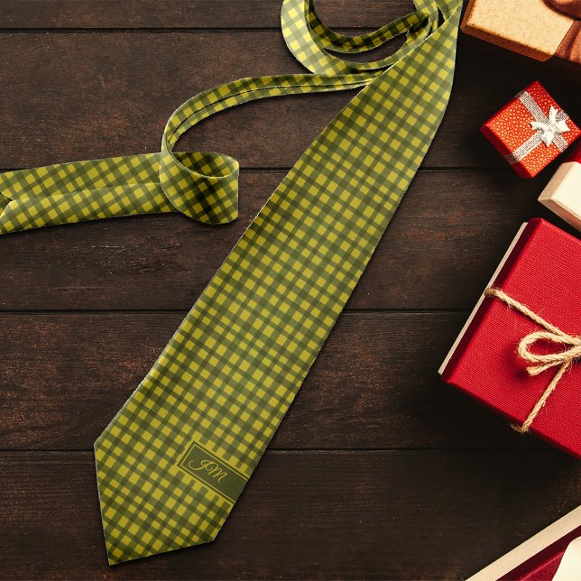 Classic Green Gingham Plaid Add Initial Christmas Tie (Creator Uploaded)