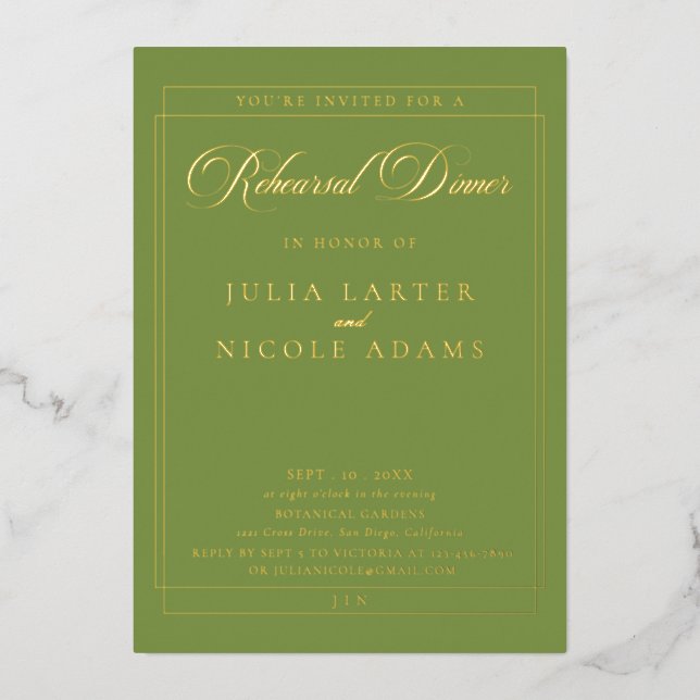 Classic Green Gold Calligraphy Rehearsal Dinner (Front)
