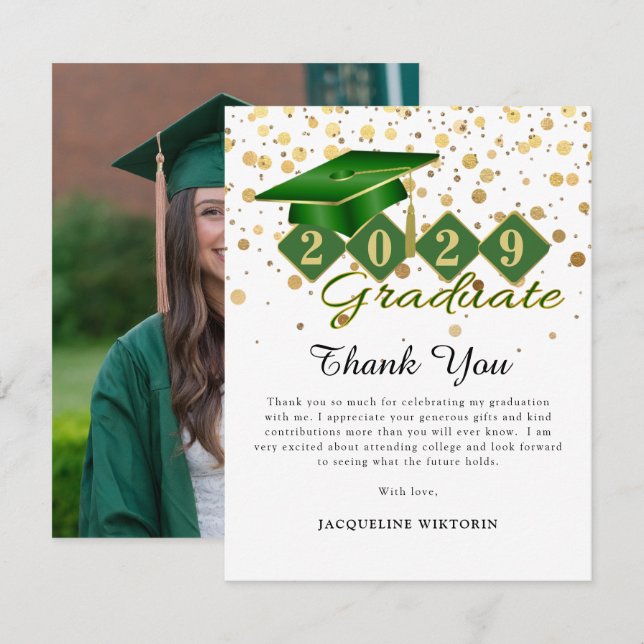 Classic Green Gold Graduation Photo Thank You Card (Front/Back)