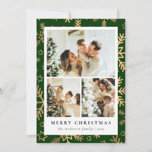 Classic Green Gold Photo Collage Christmas Holiday Card