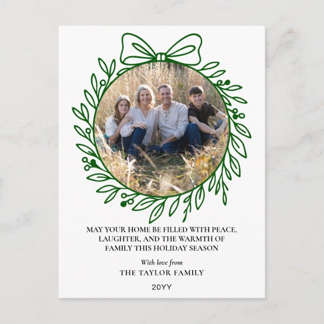 Classic Green Hand Drawn Bow Wreath Christmas Holiday Postcard (Front)