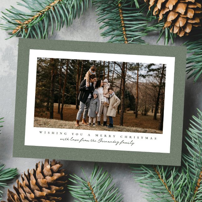 Classic green herringbone frame photo Christmas Holiday Card (Creator Uploaded)