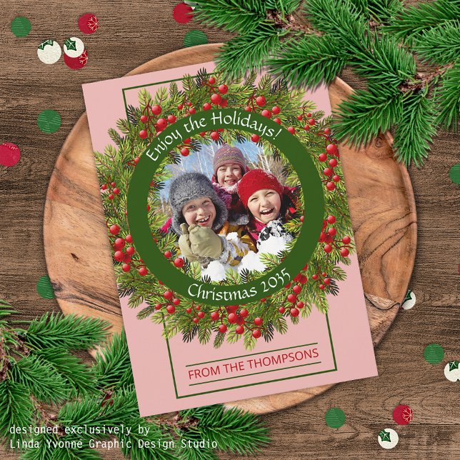 Classic Green Holly Red Berries On Pink Holiday Card (Creator Uploaded)