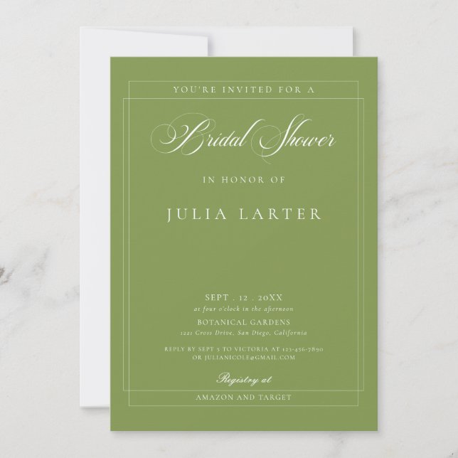 Classic Green Ivory Calligraphy Bridal Shower Invitation (Front)