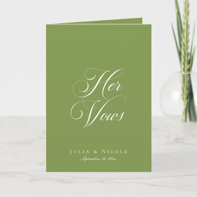 Classic Green Ivory Calligraphy Wedding Her Vows Card (Front)