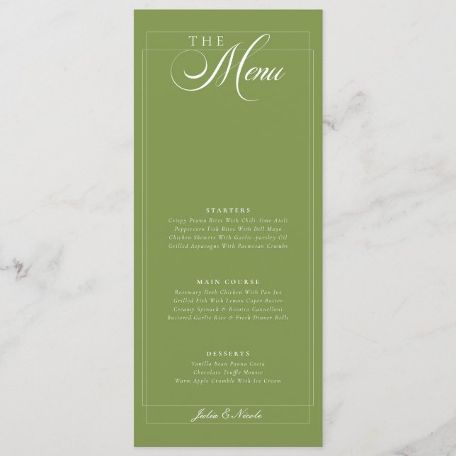 Classic Green Ivory Calligraphy Wedding Menu (Front)