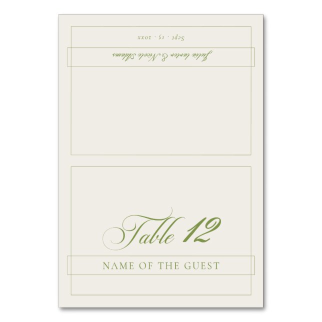 Classic Green Ivory Calligraphy Wedding Place Card (Front)