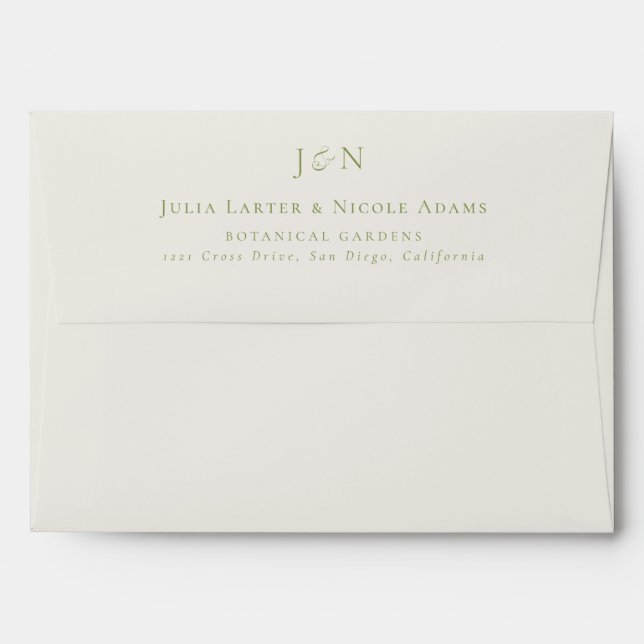 Classic Green Ivory Monogram Calligraphy Wedding Envelope (Back (Top Flap))