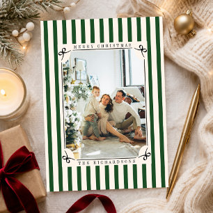 Classic Green & Ivory Stripes One Photo Christmas Holiday Card