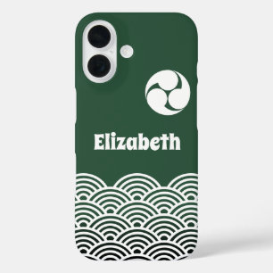 Classic Green Japanese Wave Pattern with Your Name iPhone 16 Case