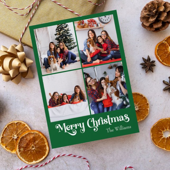 Classic Green Merry Christmas Vertical Four Photo Holiday Postcard (Creator Uploaded)