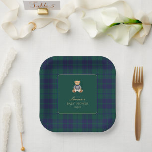 Classic Green Navy Plaid Bear Baby Shower  Paper Plate