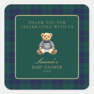 Classic Green Navy Plaid Bear Baby Shower Square Sticker