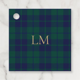 Classic Green Navy Tartan Plaid Gold Monogram Favour Tags