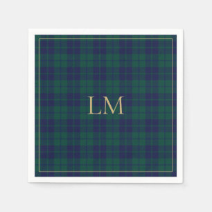 Classic Green Navy Tartan Plaid Gold Monogram Napkin
