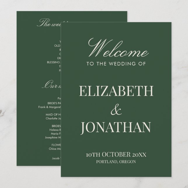 Classic Green Old Money Elegant Modern Wedding Programme (Front/Back)
