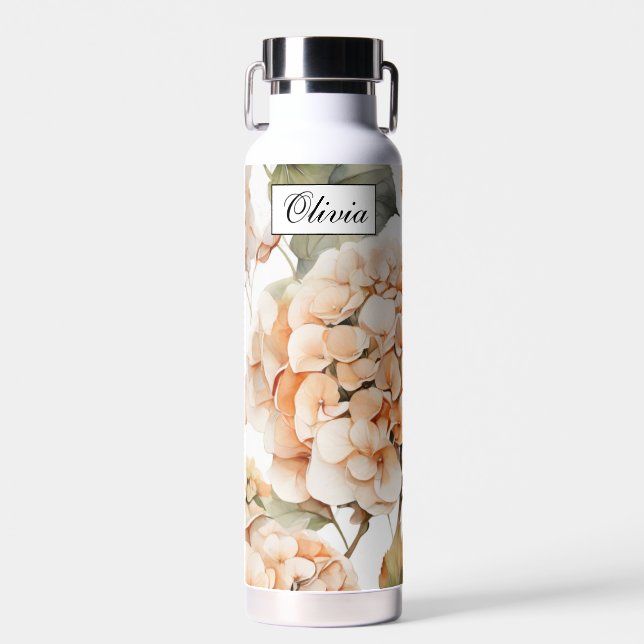 Classic green orange boho floral calligraphy  water bottle (Front)