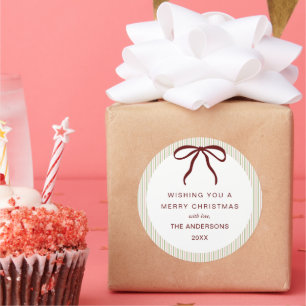 Classic Green Pink Stripes Red Bow Merry Christmas Round Sticker