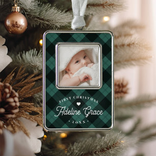 Classic Green Plaid Baby's First Christmas Photo Silver Plated Framed Ornament