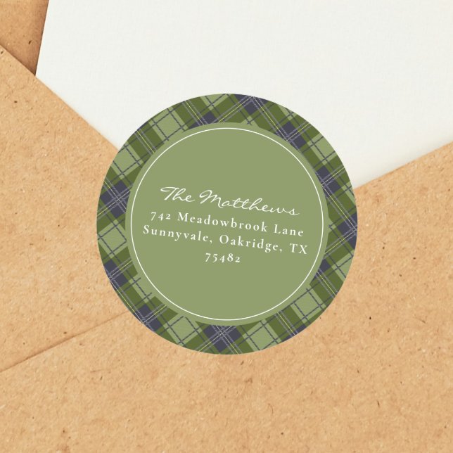 Classic Green Plaid Christmas Return Address Round Sticker (Creator Uploaded)