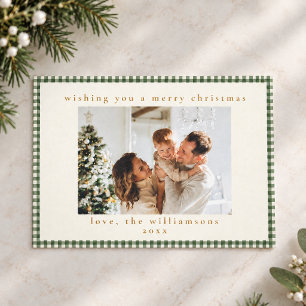 Classic Green Plaid Custom Two Photo Christmas Holiday Card