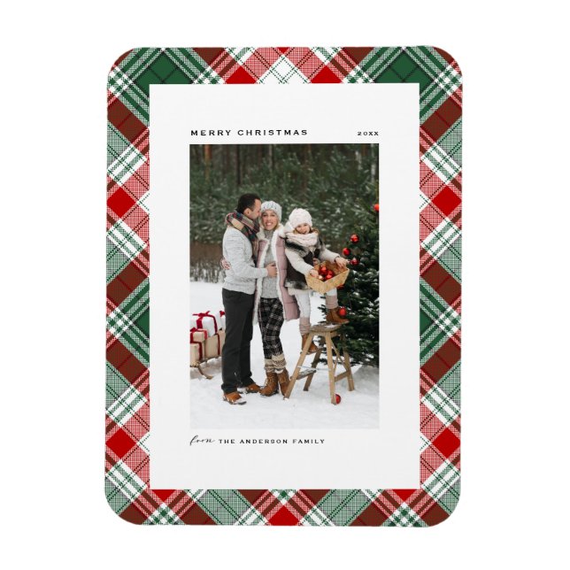Classic Green Plaid Pattern Merry Christmas Photo Magnet (Vertical)