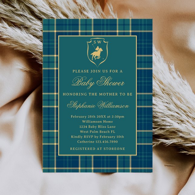 Classic Green Plaid Polo Equestrian Baby Shower Invitation (Creator Uploaded)