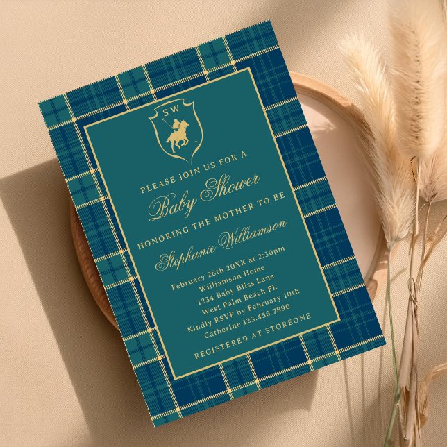 Classic Green Plaid Polo Equestrian Baby Shower Invitation (Creator Uploaded)