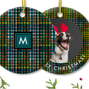 Classic Green Plaid Tartan Pattern Monogram Ceramic Tree Decoration