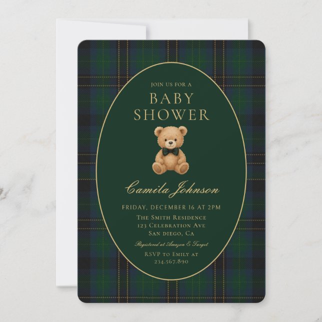 Classic Green Plaid Teddy Bear Baby Shower Invitation (Front)