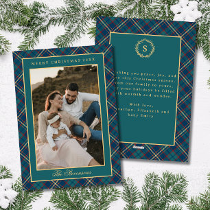 Classic Green Plaid Vintage Wreath Photo Christmas Holiday Card