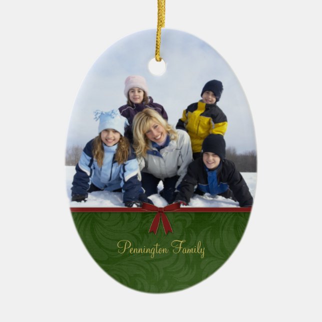 Classic green red christmas family photo ornament (Front)
