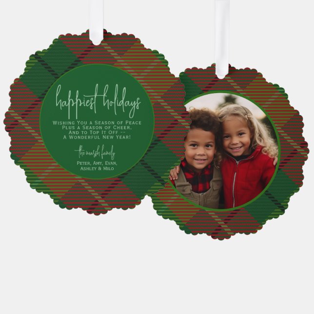 Classic green red plaid - Photo - Happiest Holiday Tree Decoration Card (Front/Back)