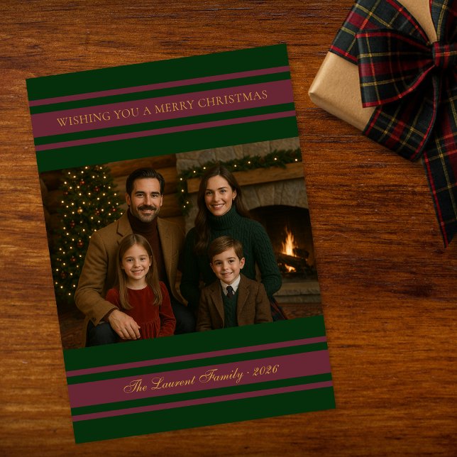 Classic Green Red Stripe Christmas Family Photo Holiday Card (Creator Uploaded)