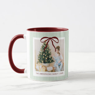 Classic Green Stripes Red Bow Christmas Mug