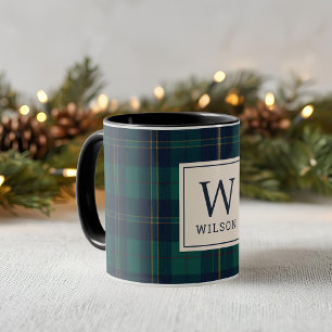 Classic Green Tartan Plaid Monogram Christmas Mug