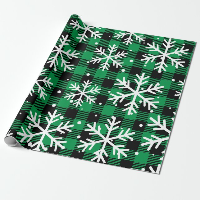 Classic Green Tartan Snowflakes Wrapping Paper (Unrolled)