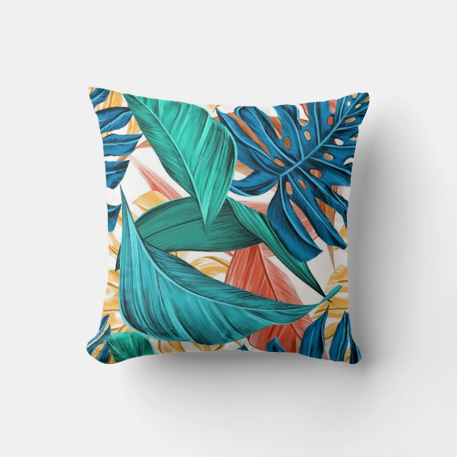 Classic Green Tropical Monstera Jungle Palm Leaf Cushion (Front)