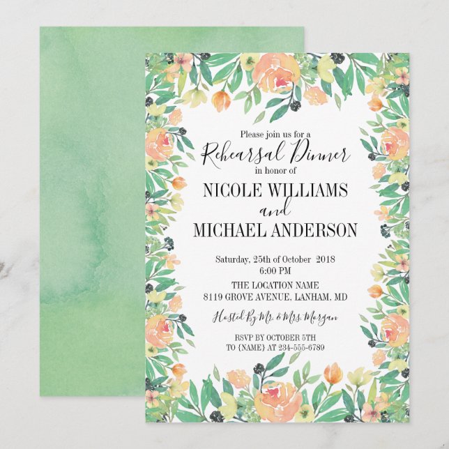Classic Green watercolor peony  Rehearsal Dinner Invitation (Front/Back)
