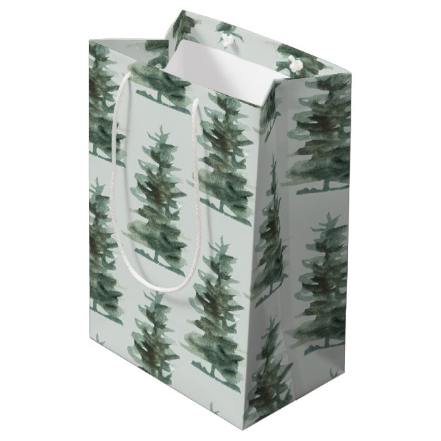 Classic Green Watercolor Pine Tree Medium Gift Bag (Back Angled)